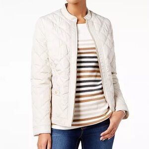 Charter Club Cream Quilted Jacket Gold Tone Zip & Snap Button Pockets Medium